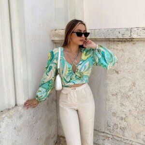 ZARA Blogger Aqua Printed Crop Top Size L New With Tags